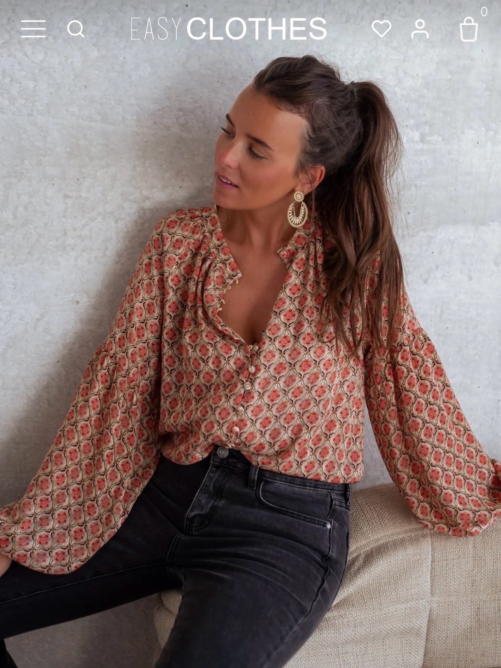Easy Clothes-Coral Patterned Peasant Blouse